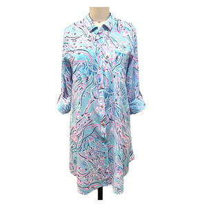 Lilly Pulitzer Natalie Shirtdress Cover-Up SZ Small Blue Pink Ocean Beach Fish